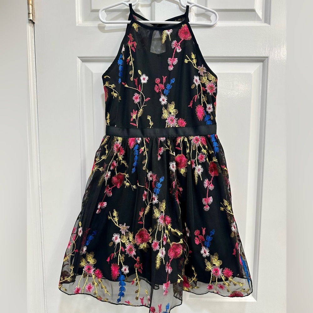 Girls Black Dress with Colorful Floral Embroidery, Party Dress, Spring Dress